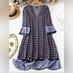 SHEIN Curve Boho Patterned Midi Dress Blue Pink 3X